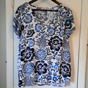 Rachel Zoe Blue Floral V-Neck Flutter Sleeve Blouse - 2X